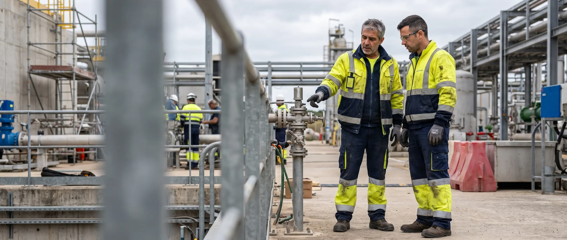 Dos profesionales con ropa de alta visibilidad en una instalación industrial